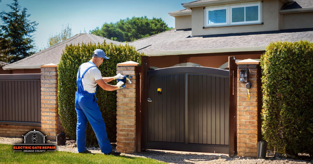 technician working preventative maintenance gate home exterior