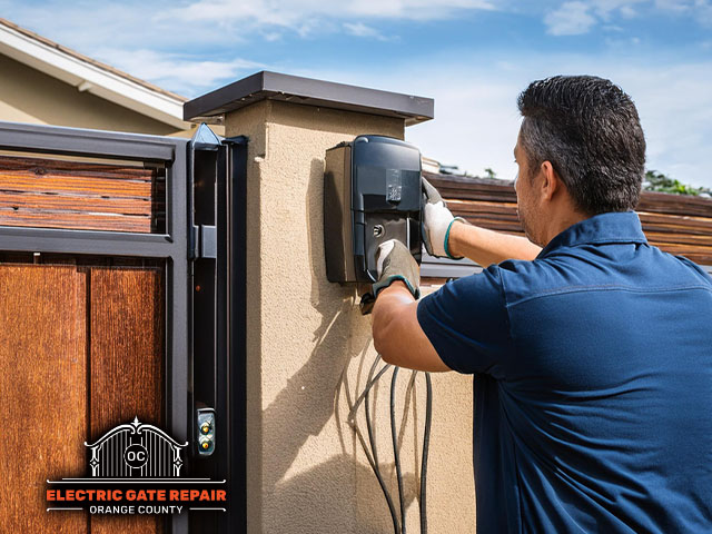 technician installing smart gate system outside of home to enhance security