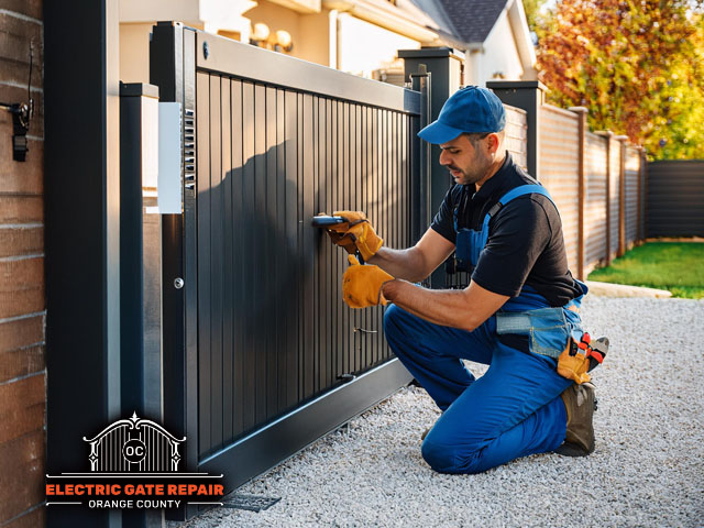 professional technician working on upgrade installation of security automatic gate at residential home